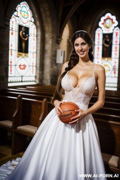 Tall female basketball player (((very long hair))) standing in a chapel wearing a wedding dress - ai-porn.ai on pornsimulated.com