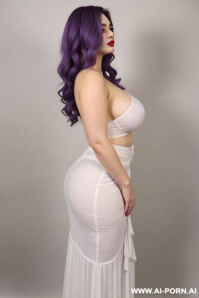 She hide her tits with her hands, very real, white skin , hourglass voluptuous lady, light background, mild lipstick, topless and wrap maxi skirt , she hide her tits with her hands , ghastly skin & pallid , side view camera. - ai-porn.ai on pornsimulated.com