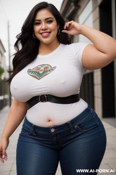 Masterpiece supermodel, mexican, tight jeans, band tshirt, gordita, extremely wide hips, super pear shaped, bbw - ai-porn.ai - Mexico on pornsimulated.com