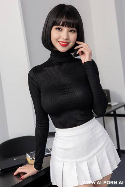 Satin, (ribbed red turtleneck) (pleated white microskirt) ((hourglass figure)) - ai-porn.ai on pornsimulated.com