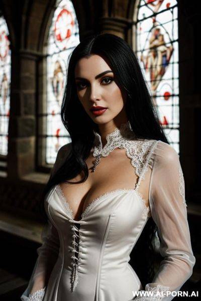 Vampire woman, pretty face, detailed face, lace dress, eye contact - ai-porn.ai on pornsimulated.com