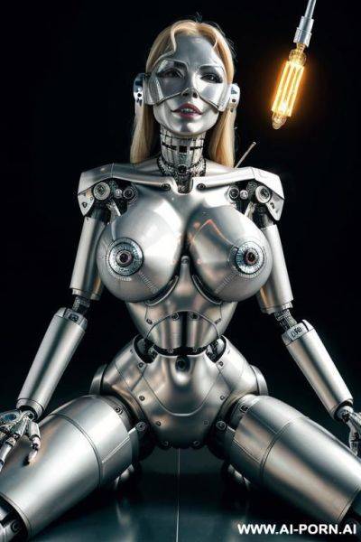Damaged blonde robot, lying on the floor, masturbating furiously with a glass dildo, naked, (huge fake tits:1.3), fit body, ultra-high stripper platform stilettos, (left half face human, right half - ai-porn.ai on pornsimulated.com