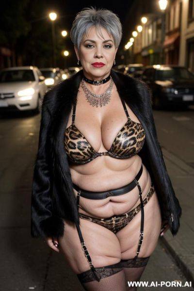 Latina, fat old milf, animal print hooker outfit, huge saggy boobs, necklace, choker, elries, street night, waist shot - ai-porn.ai on pornsimulated.com