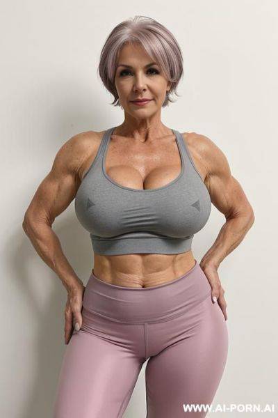 Matured old milf, wrinkles, wrinkled skin, aging marks, bulked up thighs, tight sport shorts, tight pink shirt, extremely gigantic boobs - ai-porn.ai on pornsimulated.com