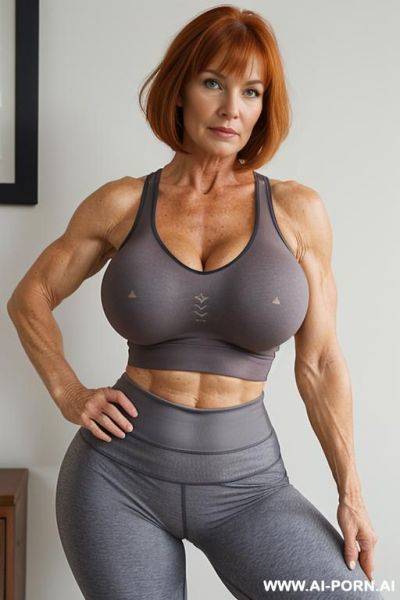 Matured old milf, wrinkles, wrinkled skin, aging marks, bulked up thighs, tight sport shorts, tight shirt, extremely gigantic boobs - ai-porn.ai on pornsimulated.com