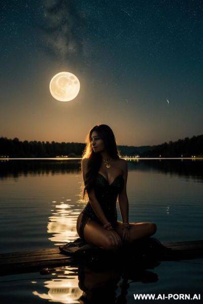 A woman with long flowing hair sits on the shore of a calm lake at night. golden bracelets sparkle on her arms and neck, reflecting the soft moonlight. a huge shining moon rises behind her, and the sky is strewn with stars. - ai-porn.ai on pornsimulated.com