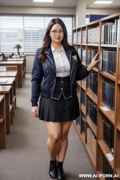 Japanese sailor suit, glasses woman, standing in the library in a sailor suit black skirt and straight socks，short h, short legs - ai-porn.ai - Japan on pornsimulated.com