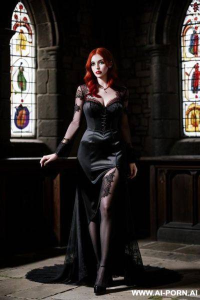 Vampire woman, lace dress, pretty face, eye contact, black lace, - ai-porn.ai on pornsimulated.com