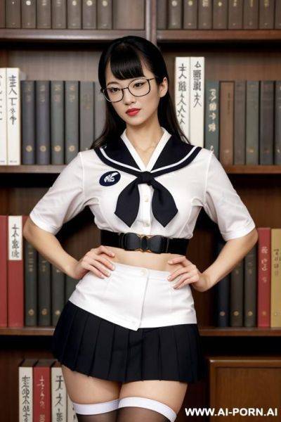 Japanese sailor suit, woman with glasses, standing in the library in sailor suit, black skirt and straight socks.，short h, short legs - ai-porn.ai - Japan on pornsimulated.com