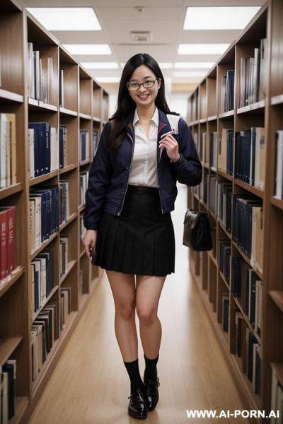 Pure womanh 10 cm，japanese sailor suit, glasses woman, standing in the library in a sailor suit black skirt and straight socks，shorth, short legs， leather shoes - ai-porn.ai - Japan on pornsimulated.com