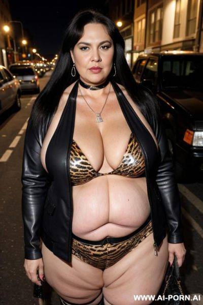 Fat old milf, animal print hooker outfit, huge saggy boobs, long straight hair, crop jacket, necklace, choker, elries, street night, waist shot - ai-porn.ai on pornsimulated.com
