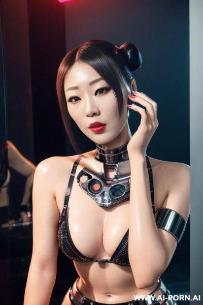 Amaged blonde robot, lying on the floor, masturbating furiously with a glass dildo, naked, (huge fake tits:1.3), fit body, ultra-high stripper platform stilettos, left half face human, right half - ai-porn.ai on pornsimulated.com