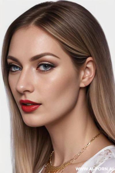 French woman 25 years old, long hair, blonde, blue eyes, purple eyeshw, long eyelashes, close-up face in profile, white top, round face, red lips, mouth slightly open, gold necklace - ai-porn.ai - France on pornsimulated.com