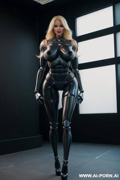 Futuristic sex robot, full body view, looking at viewer, pretty face, seductive smile, long blonde hair, (huge fake tits:1.3), big outer pussy lips, (fully black robotic body, athletic body, abs, shapely legs:1.3), ultra-high platform stripper stilettos - ai-porn.ai on pornsimulated.com
