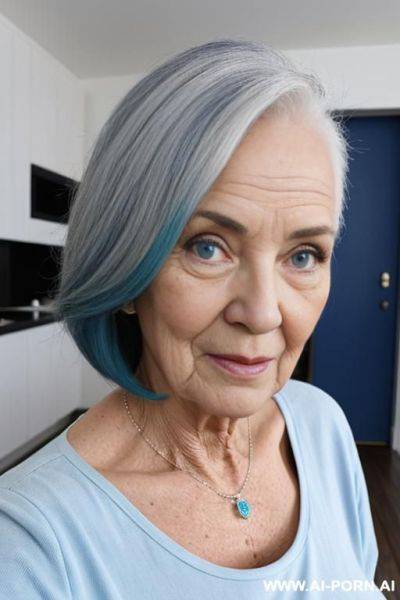 Genera a una anciana de 0 años de pelo gris con un cuerpo sexy y perfecto apunto de quitansode su calzon interior de color azul metálico brillante - ai-porn.ai on pornsimulated.com