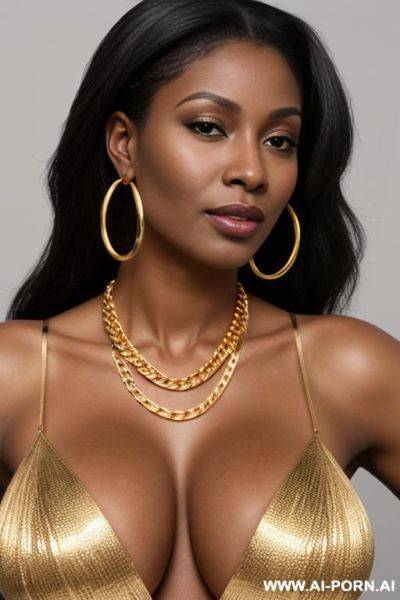Big tits ebony milf, long straight haïr, golden hoop earrings, big thick gold chain multiple necklaces, completely naked - ai-porn.ai on pornsimulated.com