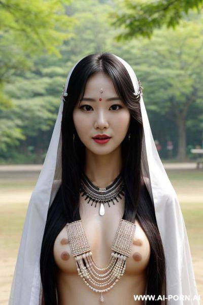 Sexy woman with medium size boob with tear drop shape, white skin and long hair. wearing necklace, tribal costume. - ai-porn.ai on pornsimulated.com