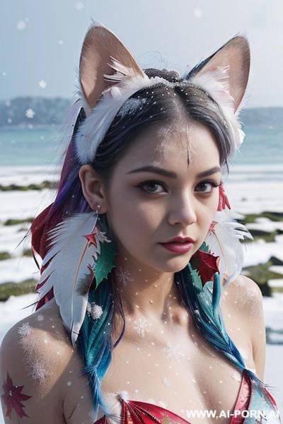 Face, sexy, beautiful, ((face painting)), ((bikini as seashell)), ((tattoo roses)), ((eyes shw)), ((angel wings)), ((rainbow hair)), ((long bu hair)), ((wind)), (( cat face)), (( cat ears)), (((feather - ai-porn.ai on pornsimulated.com