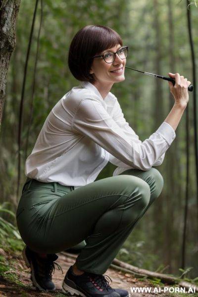 French woman , bobcut, glasses, squatting on underbrush, hiking clothes, pants, side-view - ai-porn.ai - France on pornsimulated.com