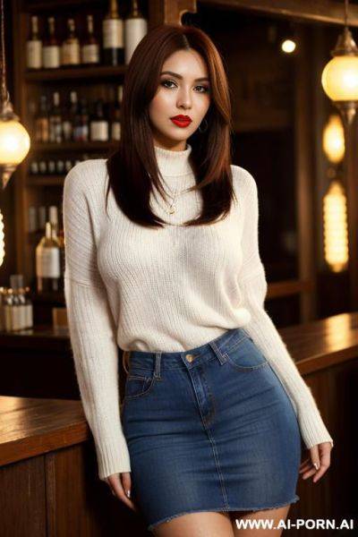 Eye contact, very real, very long hair, white skin , hourglass voluptuous lady, light background, mild lipstick, light sweater top and short jeans skirt. - ai-porn.ai on pornsimulated.com
