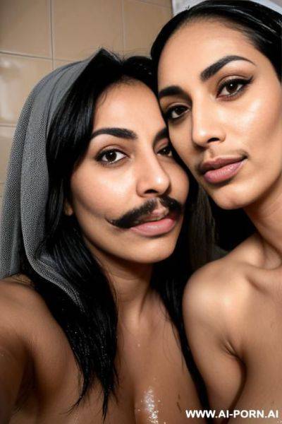 Two lesbian milfs with a mustache wearing only a hijab with hairy pussy and hairy armpits taking a shower together - ai-porn.ai on pornsimulated.com