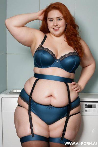Half-length photo, ((half body photo shot)) as a set in the laundry area, a fat (((very obese and thick))) chubby fat thick and bbw redhead british, she is washing clothes and is soaked in - ai-porn.ai - Britain on pornsimulated.com