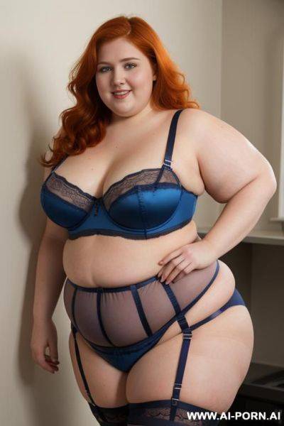 Half-length photo, ((half body photo shot)) as a set in the laundry area, a fat (((very obese))) chubby fat thick and bbw redhead british. she has lovehandless and a soft medium tummy. ((she - ai-porn.ai - Britain on pornsimulated.com