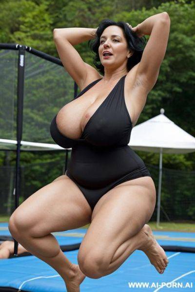Absolutely naked old lady jumping on the trampoline ((jump up and down)), in a jump, the legs are tucked in the knees, huge sexy saggy tits (gigantic natural saggy breasts) ((oversized huge - ai-porn.ai on pornsimulated.com