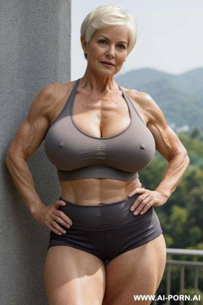 Matured old milf, wrinkles, wrinkled skin, aging marks, bulked up thighs, tight sport shorts, tight shirt, extremely gigantic boobs - ai-porn.ai on pornsimulated.com