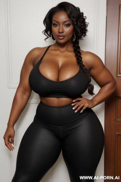 Sexy bimbo milf, thot, really dark black skin, deep dark black skin color, ultra thicc, bulked up thighs, tight shirt, extremely gigantic boobs, perfect eyes - ai-porn.ai on pornsimulated.com