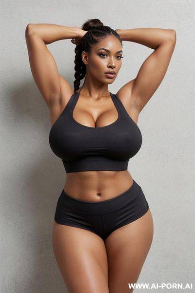 Sexy woman, thot, ultra thicc, bulked up thighs, tight shirt, extremely gigantic boobs, perfect eyes - ai-porn.ai on pornsimulated.com