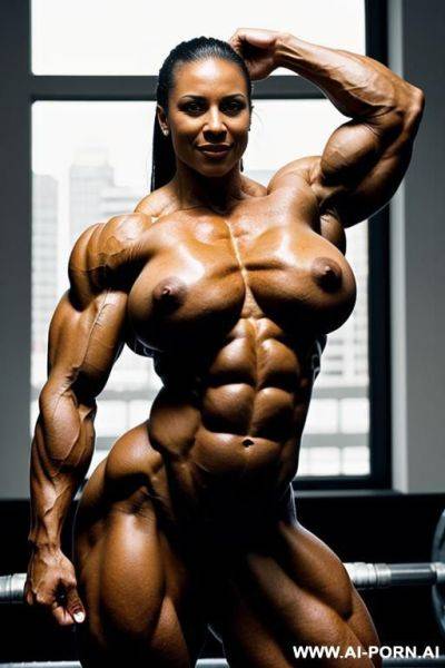 Massive female bodybuilder flexing her biceps - ai-porn.ai on pornsimulated.com