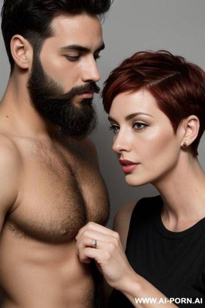 A woman having sex with a man. she has red and short hair, him has a black and short hair with some beard - ai-porn.ai on pornsimulated.com