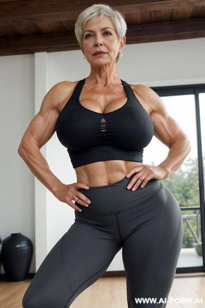 Matured old milf, wrinkles, wrinkled skin, aging marks, bulked up thighs, tight sport shorts, tight shirt, extremely gigantic boobs - ai-porn.ai on pornsimulated.com