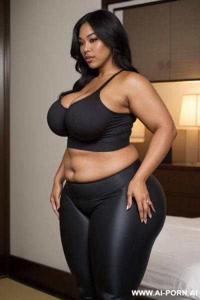 Sexy bimbo milf, aged milf, matured milf, thot, really dark black skin, deep dark black skin color, half black half asian, ultra thicc, bulked up thighs, tight shirt, extremely gigantic boobs, long straight hair, perfect eyes - ai-porn.ai on pornsimulated.com