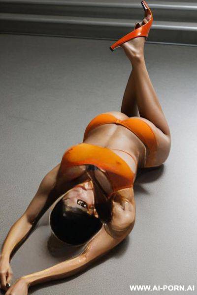Indian, short hair, fit, abs, muscular arms, big ass, tall, long legs, navel piercing, orange bra, orange pleat skirt, looking at camera, full body, stiletto, lying facedown on ground on stomach, ass view, ass up - ai-porn.ai - India on pornsimulated.com