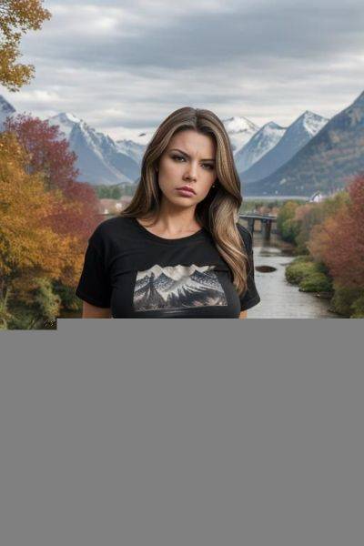 ((brunette with blonde highlights)) ((saggy boobs)) ((standing on bridge over river)) ((lake with houses, trees, and mountains in background)) ((wearing jeans and black t-shirt)) ((looking angry)) - ai-porn.ai on pornsimulated.com