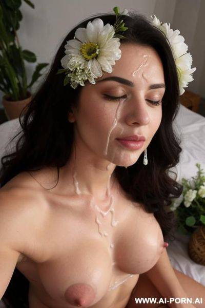 A woman lying among flowers, her gaze deep and mysterious. petals caress her skin as she holds a blossom near her lips. shws and soft light enhance her allure, veiling her in an air of secrecy. - ai-porn.ai on pornsimulated.com