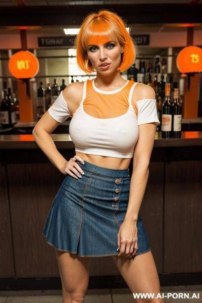 ((blonde bimbo)), ((denim skirt)), ((white shirt)), ((red platform heels)), ((bar)), standing up, ((surrounded by old men)) - ai-porn.ai on pornsimulated.com