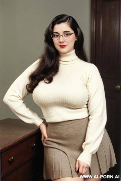 170s. 171. 170s style. retro, vintage. 18 years old nerd. busty, curvy, big natural breasts. cutie babe face. slutty. turtleneck sweater and skirt. simpleton. . - ai-porn.ai on pornsimulated.com