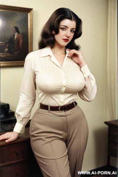 170s. 172. 170s style. vintage, retro. 23 years old. secretary woman. shirt and trousers. busty, thick, normal body. huge natural breasts. slutty. american. - ai-porn.ai - Usa on pornsimulated.com
