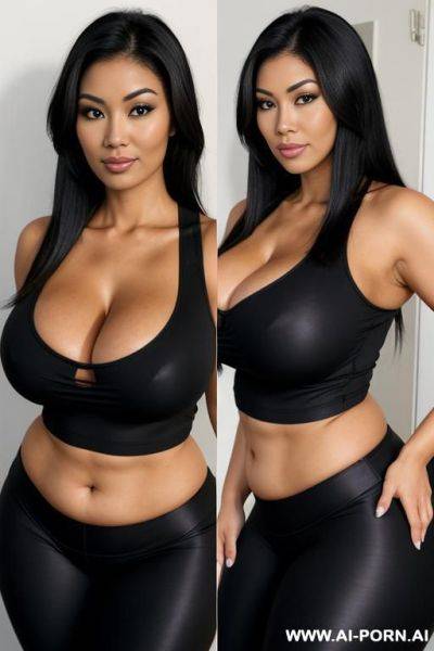Sexy bimbo milf, aged milf, matured milf, thot, really dark black skin, deep dark black skin color, half black half asian, ultra thicc, bulked up thighs, tight shirt, extremely gigantic boobs, long straight hair, perfect eyes - ai-porn.ai on pornsimulated.com