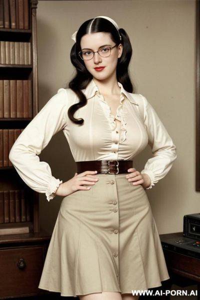172. vintage, retro. 170s style. 170s nerd 18 years old lady. sexy. , simpleton, neutral facial expression. busty, thick, huge natural breasts. shirt and skirt. slutty. sloppy. - ai-porn.ai on pornsimulated.com