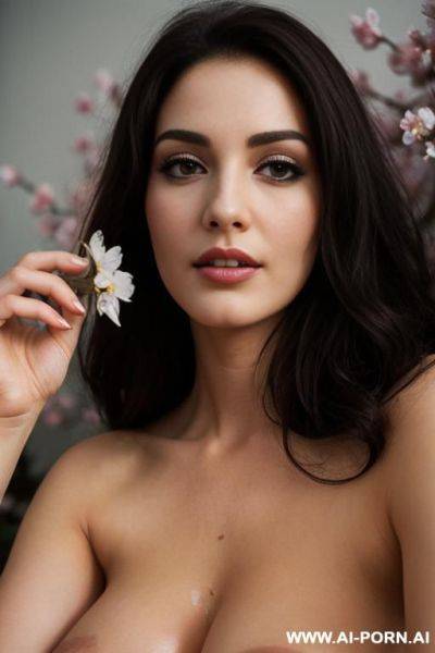 Naked woman lying among flowers, her gaze deep and mysterious. petals caress her skin as she holds a blossom near her lips. shws and soft light enhance her allure, veiling her in an air of secrecy. naked - ai-porn.ai on pornsimulated.com