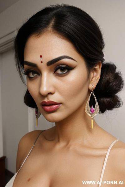 Indian, raised eyebrows (((raised eyebrows))) (ahegao) (nice hair) (((extremely beautiful))) (((full lips))) (hoop earrings) (hair accessories) (((hourglass figures))) ((very pretty clean faces)) (((2 women))) - ai-porn.ai - India on pornsimulated.com