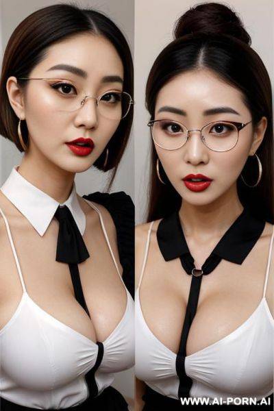 2 korean women with big eyeglasses, raised eyebrows, (((raised eyebrows))) (ahegao) (nice hair) (dress skirt) (((extremely beautiful))) (((full lips))) (hoop earrings) (hair accessories) (((hourglass figures))) ((very pretty clean faces)) (((2 women))) - ai-porn.ai - North Korea on pornsimulated.com
