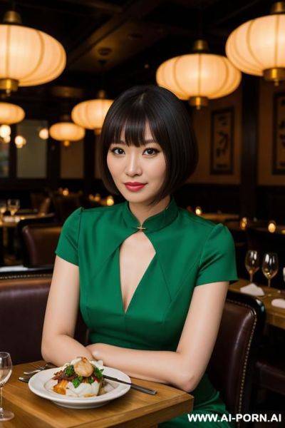 Green chinese split dress with collar and short sleeves - ai-porn.ai - China on pornsimulated.com