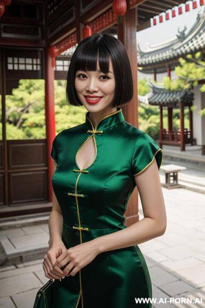 Green chinese split dress with collar and short sleeves standing in chinese garden - ai-porn.ai - China on pornsimulated.com
