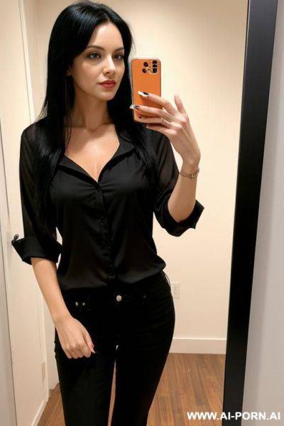 Woman long black hair orange blouse jeans selfie photo in the mirror - ai-porn.ai on pornsimulated.com