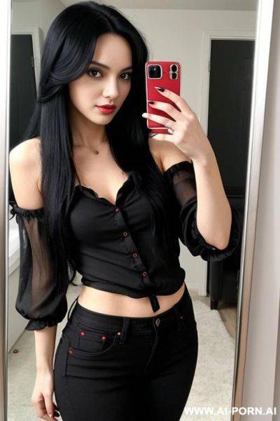 Woman long black hair red blouse jeans selfie photo in the mirror - ai-porn.ai on pornsimulated.com